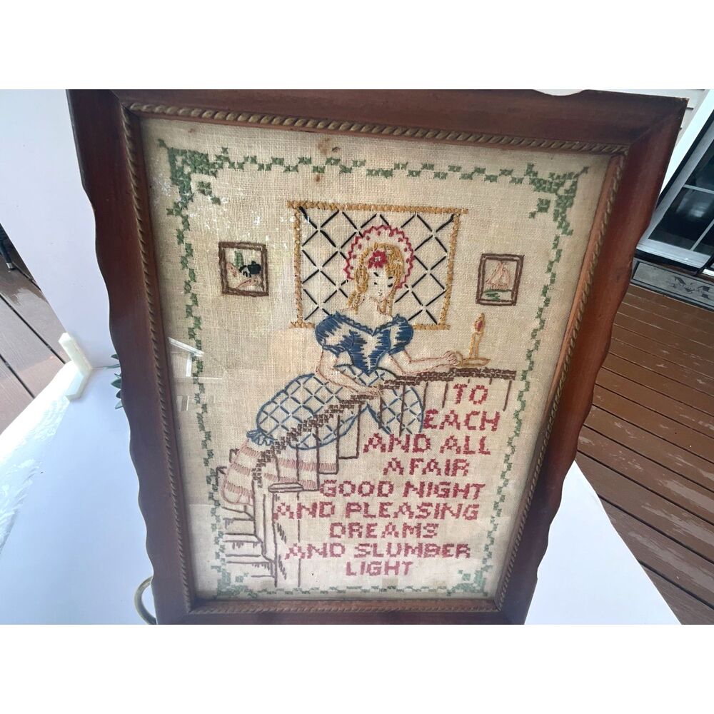Vintage framed cross stitch sampler Victorian girl on steps; cottagecore - Picture 4 of 7